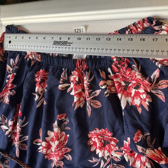 Paper Tee Women Dress 2X Navy Floral A-Line Belted Short Sleeve Off Shoulder - Picture 4 of 11